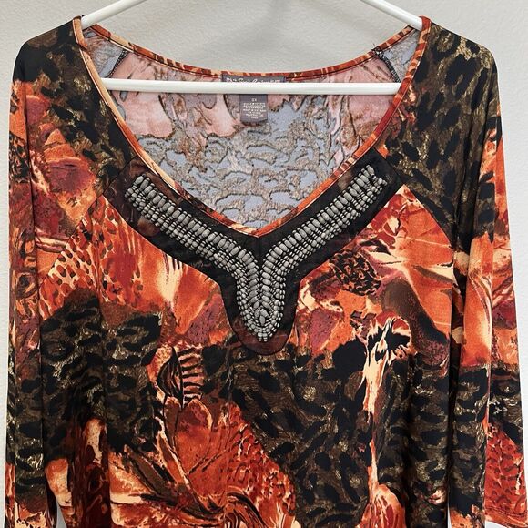Suzie Couture | Orange & Brown Animal Print Artsy Tunic Top Lagenlook 3X Beaded - Picture 3 of 6